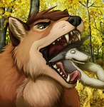 anthro duo feral fur male male/male open_mouth oral_vore partially_inside size_difference smile tongue vore lemondeer canid canine canis mammal sergal wolf digital_media_(artwork) hi_res