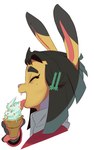 anthro black_hair black_markings buckteeth clothed clothing countershade_hands countershading dessert dipstick_ears ear_markings eating eating_ice_cream eyebrows eyes_closed female food gloves_(marking) grey_highlights hair highlights_(coloring) holding_food holding_ice_cream holding_ice_cream_cone holding_object ice_cream ice_cream_cone markings mole_(marking) multicolored_ears open_mouth orange_body pink_nose short_hair solo teeth tongue polyle abby_(polyle) lagomorph leporid mammal rabbit 2021 bust_portrait hi_res portrait