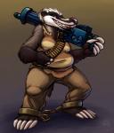 anthro breasts bullet clothed clothing cuff_(restraint) female gun hair heavy_machine_gun machine_gun maxim_machine_gun ranged_weapon restraints shackles shirt solo tank_top teeth topwear weapon white_hair khass tooth_and_tail inmate_43b badger mammal mustelid musteline 2017 digital_media_(artwork)