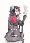 alternative_fashion angry anthro bag bottomwear bra cigarette clothed clothing female handbag highlights_(coloring) miniskirt punk skirt solo tail tail_over_skirt teeth thong underwear fawnishy sonja_wusky canid canine canis domestic_dog husky mammal nordic_sled_dog spitz wolf