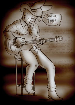 acoustic_guitar boots bottomwear clothed clothing collared_shirt cowboy_boots cowboy_hat denim denim_bottomwear denim_clothing dialogue dress_shirt footwear fully_clothed guitar hat headgear headwear insult jeans male musical_instrument pants playing_guitar playing_music plucked_string_instrument shirt shoes solo string_instrument stubble text topwear buns-n-spurs russell_rabbitt lagomorph leporid mammal rabbit english_text hi_res