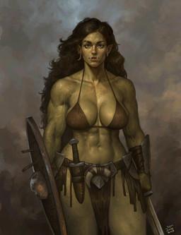 abs armor bikini bikini_top biped black_hair blue_eyes bodily_fluids bottomwear bracers breasts clothed clothed_female clothed_humanoid clothing collarbone deltoids ear_piercing eyebrows eyelashes female freckled_breasts freckled_legs freckled_shoulders freckled_thighs freckles green_body green_skin hair holding_melee_weapon holding_object holding_shield holding_sword holding_weapon humanoid_pointy_ears loincloth long_hair melee_weapon muscular muscular_female muscular_humanoid navel nipple_outline not_furry piercing pointy_ears scar shield solo sweat sweaty_breasts swimwear sword tusks two-piece_swimsuit vein weapon justsomenoob humanoid orc 2025 absurd_res hi_res signature