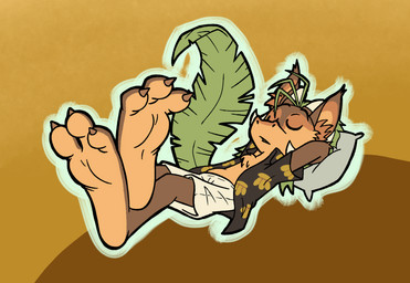 3_toes anthro barefoot big_feet bovid_horn brown_body brown_fur button_up caprine_horn claw_toes clothed clothing eyes_closed feet foot_focus fur grass_hair horn leaf leaf_tail long_feet lying male on_back open_clothing open_shirt open_topwear pillow plant ram_horn shirt sleeping solo tail toes topwear two_tone_feet fishywashy kalei_(hydro19) elemental_creature flora_fauna furred_kobold furred_scalie hybrid kobold scalie hi_res