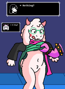 anthro assisted_exposure biped black_sleeves blush blush_stickers bracelet clothed clothing clothing_lift crotch_tuft dialogue disembodied_hand dress dress_lift duo embarrassed exposed eyebrows eyelashes eyewear fangs featureless_crotch female fluffy fluffy_ears fur glasses green_clothing green_dress green_eyewear green_glasses head_tuft hip_tuft horn jewelry knock-kneed long_ears looking_down male male/female navel no_underwear null open_mouth outside pawpads paws pink_horn pink_scarf raised_arms scarf scut_tail short_tail simple_background slightly_chubby solo_focus spiked_bracelet spikes standing surprised tail teeth text text_box three-quarter_view tuft white_body white_fur wide_eyed pixel_vibri deltarune undertale_(series) ralsei susie_(deltarune) boss_monster_(undertale) bovid caprine darkner goat mammal reptile scalie 2026 aliasing digital_media_(artwork) english_text hi_res