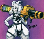 anthro big_bulge big_gun bulge clothed clothing curvy_figure eyebrows eyelashes femboy fur gloves gun hand_on_hip handwear harness horn huge_thighs legband male markings narrowed_eyes navel purple_background ranged_weapon rocket_launcher simple_background smile solo squish standing teeth thick_thighs thigh_squish thighband thong topless topless_anthro topless_male tuft underwear weapon wide_hips parasitedeath undertale undertale_(series) asriel_dreemurr_(god_form) boss_monster_(undertale) bovid caprine goat mammal 2023 hi_res signature traditional_media_(artwork)