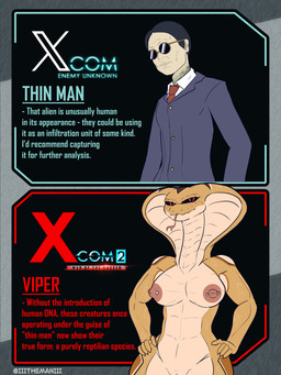 abs anthro black_hair breasts clothing eyewear female forked_tongue genitals glasses hair hands_on_hips looking_at_viewer male nipple_piercing nipples non-mammal_breasts non-mammal_nipples nude piercing scales serpentine snake_hood suit text tongue tongue_out vulva the_man x-com humanoid mammal reptile scalie snake viper_(x-com) 2026 3:4 absurd_res english_text hi_res