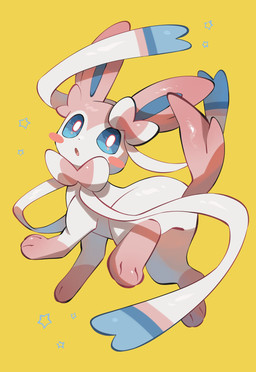 ambiguous_gender blue_eyes blue_inner_ear blush bow_ribbon feral fur gloves_(marking) leg_markings looking_back markings multicolored_body multicolored_fur open_mouth paws pink_body pink_fur quadruped ribbons_(anatomy) simple_background star tail two_tone_body two_tone_fur white_body white_fur yellow_background nullma nintendo pokemon eeveelution generation_6_pokemon pokemon_(species) sylveon 2025 absurd_res digital_media_(artwork) hi_res