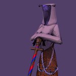 breasts clothing dress female hood long_neck purple_body purple_skin simple_background solo staff standing topwear meandraco alien humanoid 1:1 hi_res