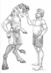 2013 animal_print anthro boxers_(clothing) clothed clothing duo eyewear facial_hair fur giraffe giraffe_print giraffid glasses horn human male mammal monochrome ossicone sabretoothed_ermine simple_background topless transformation underwear