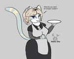 anthro big_breasts bodily_fluids breasts clotahed clothing female fur hair looking_at_viewer maid_apron maid_uniform simple_background solo text uniform mzzrlaraz domestic_cat felid feline felis mammal sabrina_(disambiguation) 5:4 absurd_res digital_media_(artwork) english_text hi_res