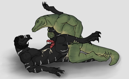 anthro anthro_on_anthro anthro_penetrated anthro_penetrating anthro_penetrating_anthro black_body black_horn black_sclera blue_eyes duo erection eye_contact facial_markings genitals green_body head_markings horn looking_at_another lying male male/male male_penetrated male_penetrating male_penetrating_male markings mouth_closed muscular muscular_anthro muscular_male nude obscured_penetration on_back overweight overweight_anthro overweight_male penetration penis red_eyes red_penis sex sharp_teeth side_view simple_background striped_arms striped_face striped_legs striped_markings striped_tail stripes tail tail_markings teeth aduran crocodile crocodilian reptile scalie