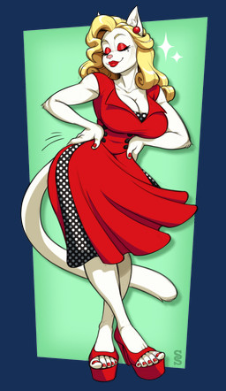 anthro big_breasts blonde_hair breasts cleavage clothed clothing dress eyeliner eyes_closed female footwear fur hair hands_on_own_hips high_heels housewife lipstick makeup mole_under_eye red_clothing red_dress red_eyeliner red_footwear red_high_heels red_lipstick shoes smile solo white_body white_fur silverscarf stepford_(stepford) domestic_cat felid feline felis mammal alpha_channel hi_res