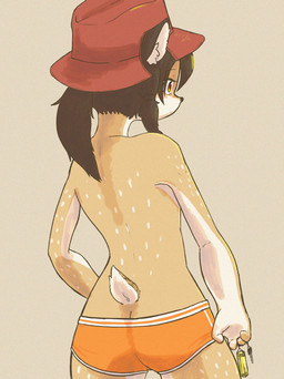 4_fingers ambiguous_gender anthro biped black_nose brown_hair butt clothed clothing countershade_arms countershade_face countershade_fur countershade_hands countershade_legs countershade_neck countershade_tail countershading deer_spots fingers fur furgonomic_hat furgonomic_headwear furgonomics hair hat headgear headwear holding_key holding_object inner_ear_fluff key ponytail rear_view red_eyes scut_tail short_tail simple_background solo standing tail tan_body tan_fur topless tuft underwear white_body white_countershading white_inner_ear_fluff nikomi1080 manjome_megumi_(nikomi1080) deer mammal 2019 colored hi_res japanese_description