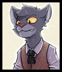 anthro black_border border clothed clothing hair necktie pointy_ears prick_ears rumpled shirt smile smirk topwear vest sqwek felid mammal pantherine