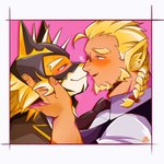 anthro blonde_hair blush braided_hair braided_ponytail clothing countershading duo eyewear fur glasses hair heart_symbol kissing male male/male mask necktie ponytail striped_body striped_fur stripes suit akahara_331 lifewonders live_a_hero huckle ryekie_(live_a_hero) felid humanoid mammal pantherine tiger 1:1 hi_res