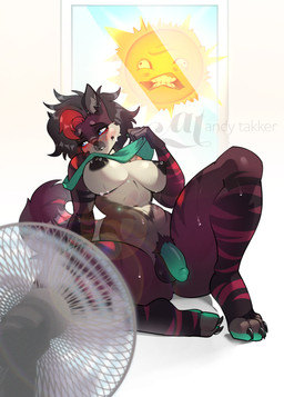 anthro anus areola balls barbell_piercing barely_visible_anus belly big_breasts black_areola black_ears black_hair black_nails black_nipples black_nose black_stripes blue_eyes blush bodily_fluids bottomless breasts brown_body brown_fur butt butt_from_the_front clothed clothing colored_nails ear_piercing ear_ring ear_stud ear_tuft electric_fan eyebrow_stud eyeshadow facial_piercing facial_spots fingerless_(marking) fingerless_gloves_(marking) flaccid fur genitals glans gloves_(marking) green_glans green_pawpads green_penis grey_belly grey_chest gynomorph hair heat_(temperature) highlights_(coloring) holding_clothing holding_object humanoid_genitalia humanoid_penis intersex light looking_away makeup markings mostly_nude multicolored_body multicolored_fur nails navel nipple_barbell nipple_piercing nipples nose_piercing nose_ring oscillating_fan pattern_fur pawpads penis piercing pubes raised_clothing raised_topwear reclining red_eyeshadow red_highlights red_markings ring_piercing simple_background solo stripes sun sunlight sweat sweatdrop sweaty_breasts sweaty_legs sweaty_thighs tail topwear tuft andytakker maya_valentine hyena mammal hi_res signature watermark trans_(lore) trans_woman_(lore)