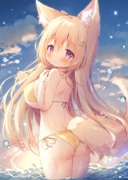 big_breasts bikini blonde_hair blush breasts butt clothing female hair loli looking_at_viewer looking_back looking_back_at_viewer oppai_loli purple_eyes sea solo sunset swimwear two-piece_swimsuit water wet yellow_bikini yellow_clothing yellow_swimwear young momozu_komamochi animal_humanoid canid canid_humanoid canine canine_humanoid fox_humanoid humanoid mammal mammal_humanoid hi_res