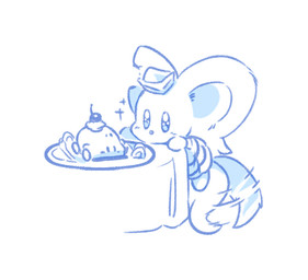 ambiguous_gender big_ears biped bipedal_feral blush blush_lines cake car-mouth_cake clothed clothing dessert excited fast_food_uniform feral fluffy fluffy_tail food fur furniture looking_at_food looking_at_object mouthless notched_ear semi-anthro simple_background solo sparkles table tail tail_motion tailwag three-quarter_view white_background 0olqplo0 kirby_(series) kirby_and_the_forgotten_land nintendo elfilin alien chinchillid mammal rodent starling_(kirby) blue_and_white digital_drawing_(artwork) digital_media_(artwork) monochrome male_(lore)