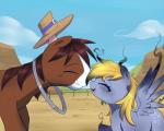 blonde_hair boop brown_hair burn_marks clothing cowboy_hat cutie_mark desert duo feathered_wings feathers female fence grey_body grey_feathers hair hat headgear headwear lump male nose_boop nose_kiss outside scorch_marks wings joyfulinsanity friendship_is_magic hasbro my_little_pony mythology derpy_hooves_(mlp) troubleshoes_(mlp) earth_pony equid equine horse mammal mythological_creature mythological_equine pegasus pony 2015 5:4