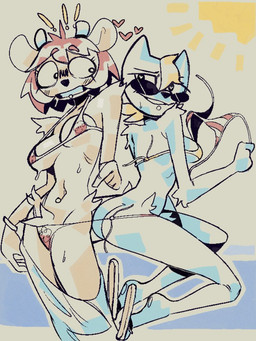 anthro beach bikini blonde_hair blue_body blue_fur blush breasts butt clothing duo exclamation_point eyewear female female/female fur fur_tuft hair heart_symbol horn navel nipples open_mouth outside red_hair seaside simple_background smile sun sunglasses swimwear teeth tuft two-piece_swimsuit undressing wet loopsdaloop parappa_the_rapper sony_corporation sony_interactive_entertainment um_jammer_lammy katy_kat lammy_lamb bovid caprine domestic_cat felid feline felis mammal sheep 3:4 digital_media_(artwork)
