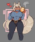 belt belt_buckle big_breasts blue_clothing blue_sweater blue_topwear blue_turtleneck bottomwear breasts buckle cleavage_cutout clothed clothed_female clothed_humanoid clothing container cup cutout denim denim_bottomwear denim_clothing female female_humanoid fingers front_view geometric_background grey_background heart_symbol hip_cutout holding_container holding_cup holding_mug holding_object inner_ear_fluff jeans keyhole_turtleneck mouth_closed mug navel_outline orange_eyes pants simple_background smile solo steam sweater tail tan_body tan_skin thick_thighs topwear tuft turtleneck white_inner_ear_fluff derpyfox_36 yoko_(cat5enpai) animal_humanoid canid canid_humanoid canine canine_humanoid fox_humanoid humanoid mammal mammal_humanoid 2023 absurd_res digital_drawing_(artwork) digital_media_(artwork) hi_res portrait three-quarter_portrait