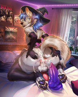 animal_genitalia animal_penis anthro anus bed bedroom bedroom_eyes big_butt bodily_fluids butt canine_genitalia canine_penis clothing cum cum_in_ass cum_inside cumshot ejaculation eyewear furniture genital_fluids genitals glasses hat headgear headwear holidays inviting inviting_to_sex looking_at_viewer looking_back magic_user male masturbation narrowed_eyes pawpads paws penis presenting presenting_anus presenting_hindquarters seductive sex_toy smile smiling_at_viewer solo spread_butt spreading toy toying_self witch witch_costume witch_hat moonabel halloween canid canine canis mammal wolf hi_res