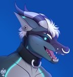 anthro collar ear_piercing facial_piercing glowing glowing_eyes glowing_markings hair horn male markings nose_piercing nose_ring piercing ring_piercing septum_piercing smile solo zuhishy mythology xargos dragon mythological_creature mythological_scalie scalie