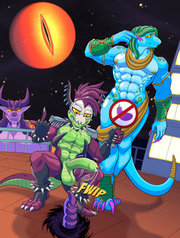 abs ankle_band anklet anthro balls big_balls big_bulge big_penis blue_body blue_scales bodily_fluids bone bone_mask bracelet bulge circlet claws clothing clothing_pull convenient_censorship covering covering_crotch crouching cruise_ship dripping duo eggplant fingerless_gloves food foreskin fruit furgonomic_piercing furgonomics genital_fluids genitals gesture gloves gold_(metal) gold_jewelry green_spots group hair hand_gesture handwear holding_object holding_sign horn horn_piercing humanoid_genitalia humanoid_penis jewelry larger_anthro larger_male leaking_precum legband living_hair male male/male mask merchant_ship middle_finger mohawk moon moon_eye mostly_nude_anthro mostly_nude_male muscular muscular_anthro muscular_male night passenger_ship pasties pecs penis piercing plant portal precum precum_drip pseudo_hair purple_body purple_claws purple_hair purple_scales red_eyes scales ship sign size_difference skull skull_mask smaller_anthro smaller_male snake_hair speedo speedo_pull spiked_anklet spiked_bracelet spiked_legband spikes spots standing surprised swimwear tail trio vehicle watercraft yellow_sclera mistakenpotatoes kings_of_hell mythology gaap_(kings_of_hell) tristitia_(kings_of_hell) typhon_(kings_of_hell) dragon imp kobold mythological_creature mythological_scalie reptile scalie snake absurd_res hi_res