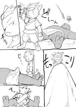 2_toes age_difference anthro barefoot beady_eyes black_eyes boots bottomwear clothed clothing clothing_lift crouching crown curious defeated erection erection_under_clothing feet fist footwear hankerchief headgear loincloth loincloth_lift loincloth_only looking_at_another looking_back lying lying_on_ground male male_anthro nipples no_underwear older_anthro older_male on_back on_ground pants pig_nose serious shoes simple_background size_difference text tiara toes topless tusks unconscious_male white_background young young_anthro young_male younger_anthro younger_male manmosu_marimo canid canine canis domestic_dog domestic_pig mammal orc suid suine sus_(pig) 2019 comic japanese_text monochrome translation_check translation_request