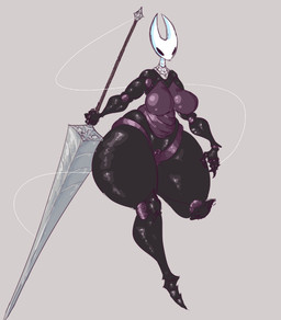 big_breasts black_body bottom_heavy breasts featureless_breasts female genitals horn huge_thighs mask melee_weapon membrane_(anatomy) nude nude_female solo sword thick_thighs vulva weapon white_head the_demon_women hollow_knight_(franchise) team_cherry hornet_(hollow_knight) arachnid arthropod humanoid spider