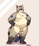 anthro aroused belly big_belly black_body black_fur blue_body blue_clothing blue_fur blush blush_lines brown_body brown_fur claws clothing darker_balls flaccid foreskin fur genitals grey_body grey_fur hands_on_hips jewelry kemono looking_away male moobs multicolored_body multicolored_fur navel nude outline overweight overweight_anthro overweight_male pattern_clothing pattern_underwear pendant penis shy simple_background smile solo striped_clothing striped_underwear stripes thick_thighs underwear yellow_eyes reiko_u mammal procyonid raccoon 2025 hi_res