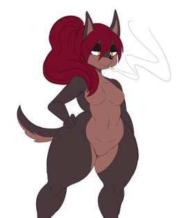 anthro breasts brown_body brown_fur cigarette featureless_breasts featureless_crotch female fur hair half-closed_eyes hand_on_hip holding_object markings mole_(marking) mouth_hold narrowed_eyes nude ponytail red_hair simple_background small_breasts smoking solo thick_thighs white_background wide_hips yellow_eyes sssonic2 rose_(sssonic2) canid canine canis dobermann domestic_dog mammal pinscher 2019 absurd_res digital_media_(artwork) hi_res