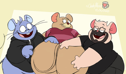 anthro beard big_butt blue_body bottomwear brown_body butt clothing eyewear facial_hair glasses group hoodie male male/male mature_male mustache open_mouth overweight overweight_male pants shirt simple_background topwear chonkymouse disney the_great_mouse_detective david_dawson mammal mouse murid murine rodent 2026 hi_res