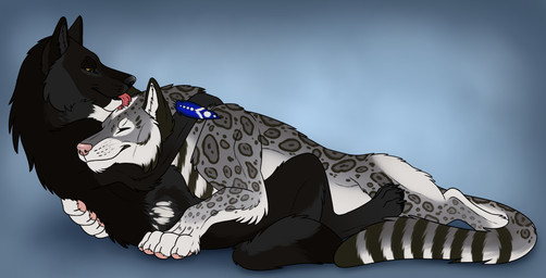 ambiguous_feral ambiguous_gender between_legs black_body black_fur closed_smile cuddling duo eyes_closed feral fur grey_body grey_fur licking licking_another lying markings mouth_closed narrowed_eyes on_back pawpads pink_nose pink_pawpads red_tongue side_view simple_background smile spots spotted_legs spotted_markings spotted_tail striped_markings striped_tail stripes tail tail_markings tongue white_body white_fur yellow_eyes killthe_demon echo_(wolffylegend) glacier_(glacierhybrid) canid canine mammal hi_res