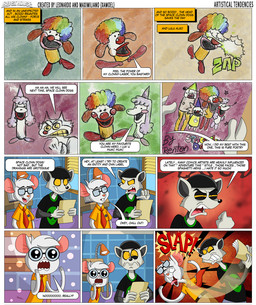 anthro black_body black_fur bowl_cut clown clown_makeup clown_nose comic_book detailed_background dialogue eyewear female fur glasses group hair humor lamp male meta multicolored_hair noodle_arms profanity rainbow_hair slap text wearing_glasses white_body white_fur xamoel beast_house emmett_(xamoel) renton_(xamoel) canid canine canis domestic_cat domestic_dog felid feline felis lemur mammal mouse murid murine poodle primate ring-tailed_lemur rodent strepsirrhine comic english_text sketch