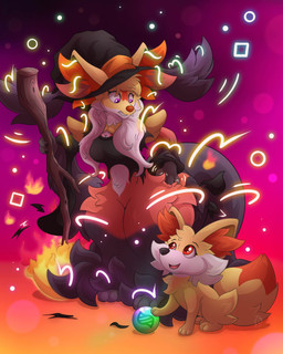 abstract_background ambiguous_gender bottomless breasts broom cleaning_tool cleavage clothed clothing duo female feral fire fur furgonomic_headwear furgonomics hat headgear headwear inner_ear_fluff key_stone_(pokemon) magic open_mouth orange_body orange_fur partially_clothed red_body red_fur size_difference transformation tuft wand white_body white_fur witch_hat yellow_body yellow_fur lupe_kord nintendo pokemon pokemon_legends_z-a canid canine fennekin generation_6_pokemon generation_9_pokemon human mammal mega_delphox mega_evolution pokemon_(species) 4:5 absurd_res digital_media_(artwork) hi_res