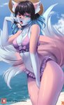 3_tails anthro black_hair blue_hair clothing female food gradient_hair hair hat headgear headwear heterochromia licking_popsicle long_hair multi_tail outside popsicle sea solo swimwear tail water macaronneko midna_oceana canid canine fox mammal 2021 absurd_res hi_res