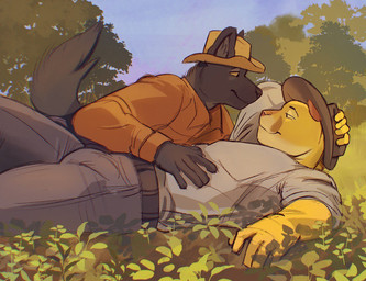 affectionate anthro barazoku bedroom_eyes belt biceps big_bulge big_muscles big_pecs black_belt black_body black_bottomwear black_clothing black_fur black_jeans black_pants blue_sky bottomwear brown_clothing brown_hat brown_headwear bulge chest_grab clothing cowboy cowboy_hat cowboy_outfit denim denim_bottomwear denim_clothing detailed_bulge duo erection erection_under_clothing erection_under_pants eye_contact field flirting flirting_look forest forest_background fur genital_outline grass grin grinning_at_another grinning_at_partner hand_on_chest hand_on_own_head happy hat head_rub headgear headwear holding_chest holding_head imminent_sex jeans larger_anthro larger_male looking_at_another looking_at_partner love lying lying_on_ground male male/male manly muscular muscular_anthro muscular_arms muscular_male muscular_thighs narrowed_eyes nature nature_background old_west on_back on_ground orange_body orange_clothing orange_fur orange_shirt orange_topwear outside pants pecs penis_outline plant relaxation relaxed_expression relaxing rubbing_head seductive shirt size_difference sky smaller_anthro smaller_male smile tail thick_arms thick_thighs topwear tough_guy tree white_clothing white_shirt white_topwear wild_west gol1ath cougar felid feline hyena mammal