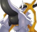 all_fours ambiguous_gender bodily_fluids butt featureless_crotch feral looking_at_viewer looking_back multicolored_tail rear_view simple_background solo sweat sweatdrop tail white_background on_ice_(artist) nintendo pokemon arceus generation_4_pokemon legendary_pokemon pokemon_(species) 2019 hi_res