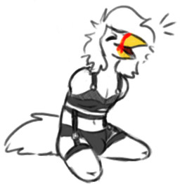 4_missing_limbs amputee anthro beak clothed clothing disability feathers femboy garter_straps male orange_beak quadruple_amputee solo tail tail_feathers cfoxblu danny_(cfoxblu) avian bird chicken galliform phasianid