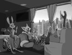 2020 absurd_res anthro arctic_fox barefoot bed bottomwear canid canine clothed clothing curtains detailed_background disney ear_markings ears_down eyes_closed facial_markings feet female fennec_fox finnick_(zootopia) fox fully_clothed fur furniture gloves_(marking) greyscale group head_markings hi_res inside jack_savage judy_hopps lagomorph lamp leporid male mammal markings monochrome nick_wilde on_bed open_mouth open_smile pants pivoted_ears rabbit reclining red_fox shirt shorts sitting skye_(zootopia) smile t-shirt theblueberrycarrots topwear true_fox window zootopia