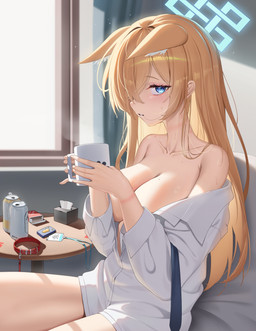 alcohol animal_ears badge bare_legs bare_shoulders beer beverage big_breasts blonde_hair blue_eyes blush bodily_fluids breasts bruised bruised_neck bruised_wrists clenched_teeth clothed clothing collarbone container cup ears_down fluffy_ears glistening glistening_hair hair halo inside leash long_hair looking_at_viewer markings mole_(marking) mole_on_breast multi_ear narrowed_eyes one_eye_visible partially_clothed pivoted_ears shirt sitting sweat teeth text tissue_box topwear undercut_hair vein veiny_breasts white_clothing white_shirt white_topwear window chun_bae blue_archive nexon kanna_(blue_archive) animal_humanoid canid canid_humanoid canine canine_humanoid dog_humanoid humanoid mammal mammal_humanoid absurd_res artist_name hi_res