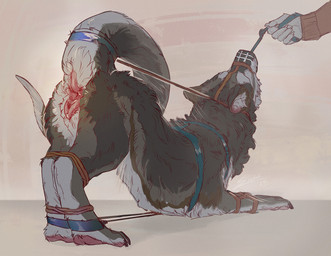 ambiguous_gender animal_genitalia animal_vulva anthro anthro_on_feral anus bdsm bestiality bondage bound butt canine_genitalia canine_vulva claws duo exposed female female/ambiguous female_feral feral feral_bondage finger_claws forced forced_presenting genitals harness head_down_ass_up muzzle_(object) muzzled presenting presenting_hindquarters raised_tail restraints rope rope_bondage simple_background tail tail_anus toe_claws vulva blindcoyote silas_zeranous canid hybrid mammal