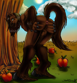anthro anus apple balls black_hooves brown_balls brown_body brown_fur brown_hair brown_perineum brown_tail butt cloud food fruit fur genitals green_eyes hair hooves leg_markings male markings outside perineum plant presenting presenting_anus presenting_balls rear_view sky socks_(marking) solo spread_butt spreading sun tail tree yaoifairy ryan_moonshadow equid equine horse mammal signature