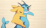 ambiguous_gender blue_body blue_face blue_head blue_tail blush duo frill_(anatomy) fur hug lying nude on_back on_side one_eye_closed tail white_frill yellow_body yellow_ears yellow_fur sum nintendo pokemon eeveelution generation_1_pokemon jolteon pokemon_(species) vaporeon hi_res