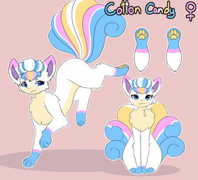 blue_body blue_eyes blue_fur candy cotton_candy dessert female female_feral feral food fur leg_markings markings pawpads pink_body pink_fur quadruped socks_(marking) solo white_fur_tuft yellow_body yellow_fur unknown_artist nintendo pokemon fizz_pix generation_1_pokemon pokemon_(species) vulpix absurd_res hi_res model_sheet
