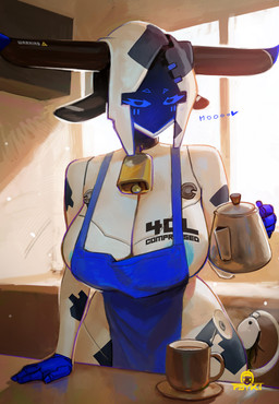 apron areola areola_slip beverage big_breasts blue_areola breasts clothing coffee coffee_mug collar cowbell cowbell_collar female heart_symbol horn machine screen screen_face solo tail text text_on_body text_on_breast warning warning_symbol psyk323 cowbot_(psyk323) animal_humanoid bovid bovid_humanoid bovine bovine_humanoid cattle_humanoid humanoid mammal mammal_humanoid robot robot_humanoid absurd_res hi_res watermark