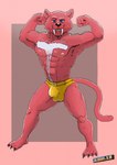 4_toes 5_toes abs anthro belt biceps black_nose blue_eyes border brown_background bulge clothed clothing fangs feet fist flexing fur grin leg_muscles looking_at_viewer male multicolored_body multicolored_fur muscular muscular_anthro muscular_male pecs pink_body pink_border pink_fur sabertooth_(anatomy) simple_background smile solo speedo speedo_only standing swimwear teeth thong thong_only toes topless two_tone_body two_tone_fur underwear underwear_only v-cut white_body white_fur yellow_belt yellow_clothing yellow_thong yellow_underwear s-o-husky jingle_all_the_way booster_(jingle_all_the_way) felid mammal prehistoric_species saber-toothed_tiger 2018 hi_res signature