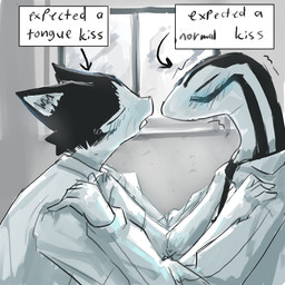 affectionate anthro anticipation blush blush_lines clothed clothing daww duo eyes_closed facing_each_other flustered fully_clothed hand_on_chest head_markings heavy_blush holding_another holding_back holding_chest holding_each_other imminent_kiss inexperienced inside light_blush male male/male markings motion_lines multicolored_body necktie open_mouth romantic romantic_couple scales school_uniform shaking shirt side_view simple_background striped_body striped_scales stripes text tongue tongue_out topwear trembling two_tone_body uniform whiskers white_body white_clothing white_shirt white_topwear window murace4 hasn't_kissed_anyone_ever_vs_expecting_a_kiss_with_tongue_(meme) monotone_blue aoi_(mucknagabe) hachi_(mucknagabe) domestic_cat felid feline felis lizard mammal reptile scalie skink tuxedo_cat 1:1 2023 english_text hi_res meme sketch