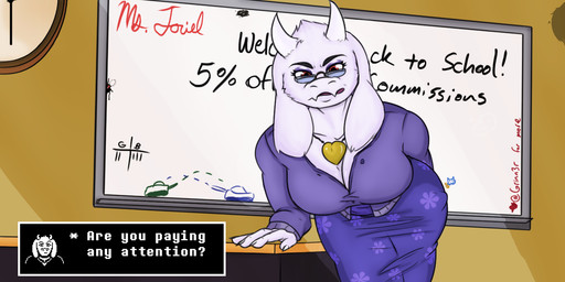 anthro big_breasts breasts clothing female fur looking_at_viewer male open_mouth school simple_background solo text conditional_dnp grinn3r deltarune undertale undertale_(series) toriel boss_monster_(undertale) bovid caprine mammal 2019 digital_media_(artwork) english_text